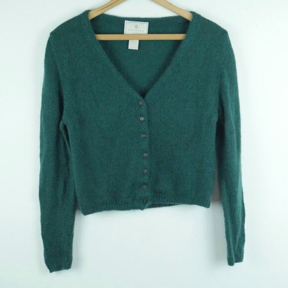 Vintage Express Small Cardigan 45% Kid Mohair Green Grunge Fuzzy Kurt Cobain 90s - Picture 1 of 7